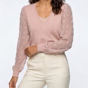 Elegant Pink V-Neck Sweater with Sheer Sleeves